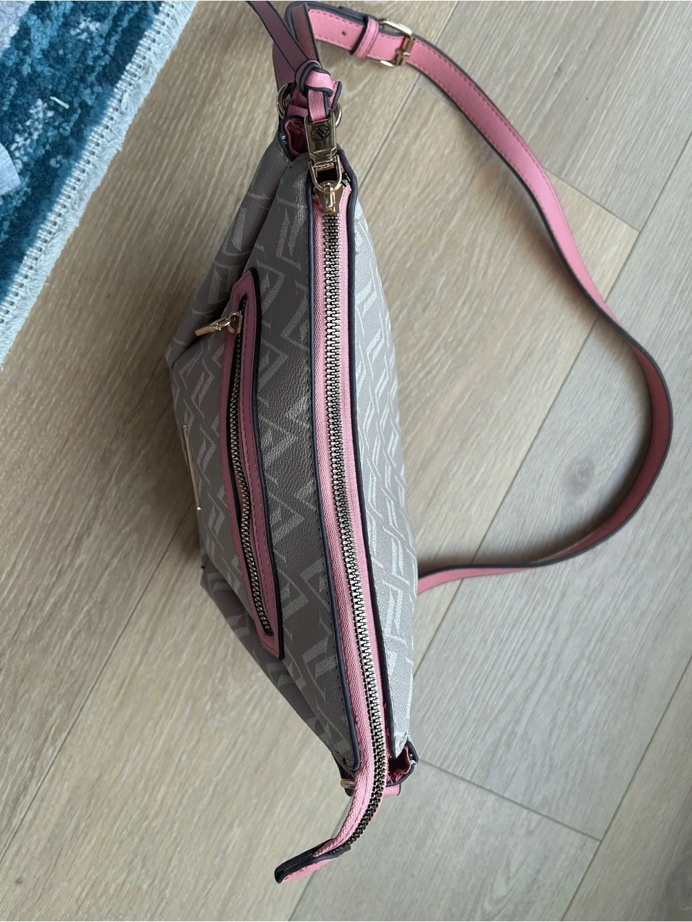 Adrienne Vittadini Monogram Crossbody Bag Pink Trim